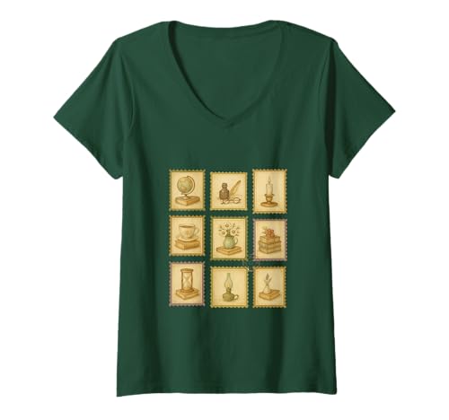 Damen Reading Vibe Buchstempelliebhaber im Vintage-Lesestil T-Shirt mit V-Ausschnitt von Vintage Reading Bookstamp Book Reader