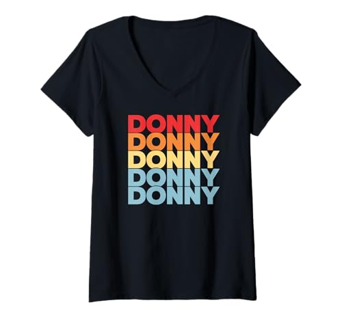 Damen Retro Bunte Blockbuchstaben Donny Name Stil T-Shirt mit V-Ausschnitt Damen Retro Bunte Blockbuchstaben Donny Name Stil T-Shirt mit V-Ausschnitt von Vintage Regenbogen Typografie Humor Name
