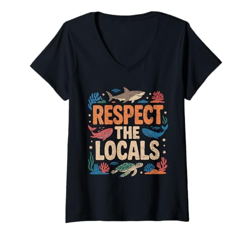 Damen Retro Respect The Locals: Hai, Schildkröte, Wale, T-Shirt mit V-Ausschnitt Damen Retro Respect The Locals: Hai, Schildkröte, Wale, T-Shirt mit V-Ausschnitt von Vintage Respect Locals Sea Animal Lover Ocean Life