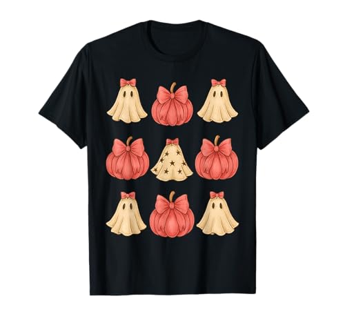 Niedlicher rosa Geist Kürbis Halloween Mädchen Frauen Kokette Schleife T-Shirt Niedlicher rosa Geist Kürbis Halloween Mädchen Frauen Kokette Schleife T-Shirt von Vintage Retro Bow Halloween