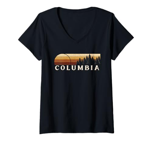 Damen Columbia, OH, Evergreen, Vintage-Stil, Sonnenuntergang, Achtzigerjahre, Retro T-Shirt mit V-Ausschnitt von Vintage Retro Columbia, Ohio