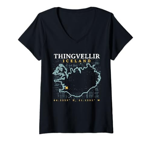 Damen Island Thingvellir T-Shirt mit V-Ausschnitt von Vintage Retro Iceland T-shirts