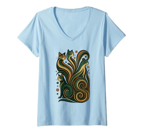 Damen Cooles Retro Katzen Shirt Mid-Century Modern Stil 50er 60er T-Shirt mit V-Ausschnitt von Vintage Retro Mid-Century Cat Lover Shirt Boutique