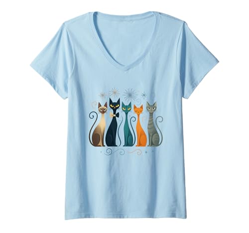 Damen Vintage Katzen Shirt Mid-Century Modern Stil 50er 60er T-Shirt mit V-Ausschnitt von Vintage Retro Mid-Century Cat Lover Shirt Boutique