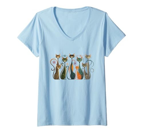 Damen Vintage Katzen Shirt Mid-Century Modern Stil 50er 60er T-Shirt mit V-Ausschnitt von Vintage Retro Mid-Century Cat Lover Shirt Boutique