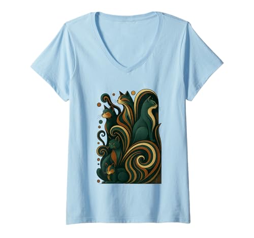 Damen Cooles Retro Katzen Shirt Mid-Century Modern Stil 50er 60er T-Shirt mit V-Ausschnitt von Vintage Retro Mid-Century Cat Lover Shirt