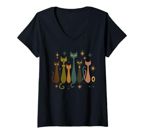 Damen Cooles Retro Katzen Shirt Mid-Century Modern Stil 50er 60er T-Shirt mit V-Ausschnitt von Vintage Retro Mid-Century Cat Lover Shirt