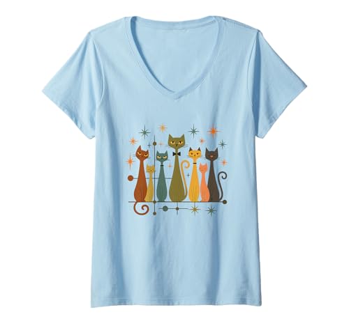 Damen Cooles Retro Katzen Shirt Mid-Century Modern Stil 50er 60er T-Shirt mit V-Ausschnitt von Vintage Retro Mid-Century Cat Lover Shirt