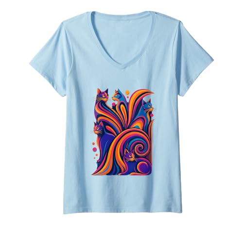 Damen Cooles Retro Katzen Shirt Mid-Century Modern Stil 50er 60er T-Shirt mit V-Ausschnitt von Vintage Retro Mid-Century Cat Lover Shirt
