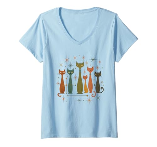 Damen Cooles Retro Katzen Shirt Mid-Century Modern Stil 50er 60er T-Shirt mit V-Ausschnitt von Vintage Retro Mid-Century Cat Lover Shirt