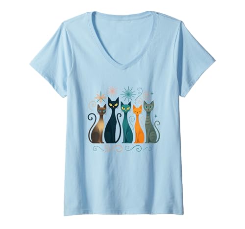 Damen Vintage Katzen Shirt Mid-Century Modern Stil 50er 60er T-Shirt mit V-Ausschnitt von Vintage Retro Mid-Century Cat Lover Shirt