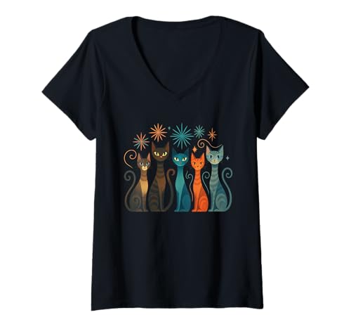 Damen Vintage Katzen Shirt Mid-Century Modern Stil 50er 60er T-Shirt mit V-Ausschnitt von Vintage Retro Mid-Century Cat Lover Shirt