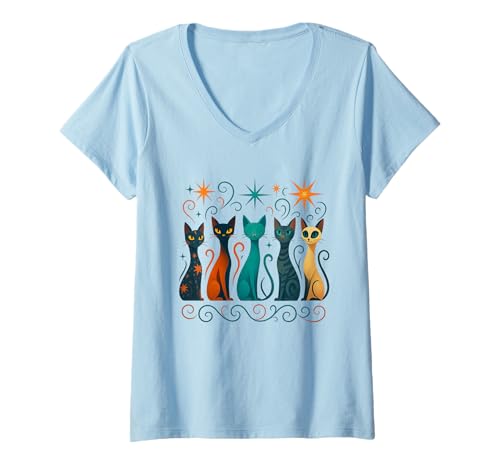 Damen Vintage Katzen Shirt Mid-Century Modern Stil 50er 60er T-Shirt mit V-Ausschnitt von Vintage Retro Mid-Century Cat Lover Shirt