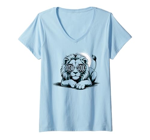 Damen Löwe mit Sonnenbrille Sommer Sonne Retro Sommerurlaub T-Shirt mit V-Ausschnitt Damen Löwe mit Sonnenbrille Sommer Sonne Retro Sommerurlaub T-Shirt mit V-Ausschnitt von Vintage Retro Sommerurlaub Designs mit Löwen