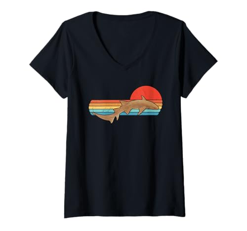 Damen Ammenhai Retro Sonnenuntergang T-Shirt mit V-Ausschnitt von Vintage Retro Tiere Kollektion