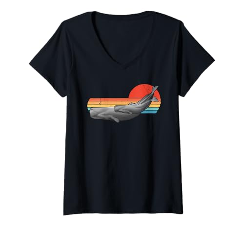 Damen Pottwal Retro Sonnenuntergang T-Shirt mit V-Ausschnitt von Vintage Retro Tiere Kollektion