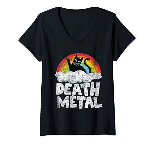 Damen Death Metal Katze Retro Regenbogen Heavy Metal Metalfan T-Shirt mit V-Ausschnitt Damen Death Metal Katze Retro Regenbogen Heavy Metal Metalfan T-Shirt mit V-Ausschnitt von Vintage Rocker & Retro Heavy Metal Katze Geschenk