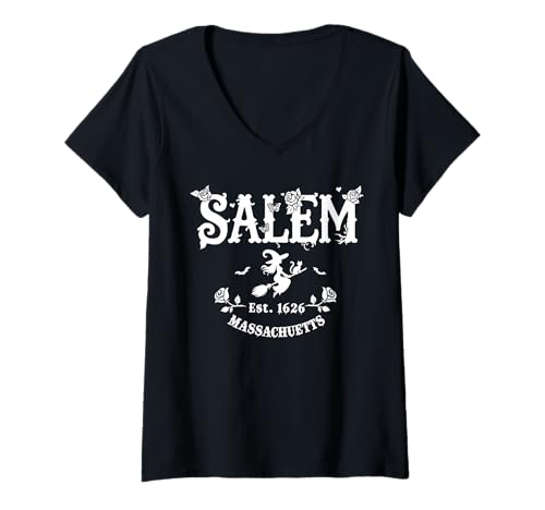 Damen Retro Salem Massachusetts MA Vintage Halloween Witch Costume T-Shirt mit V-Ausschnitt Damen Retro Salem Massachusetts MA Vintage Halloween Witch Costume T-Shirt mit V-Ausschnitt von Vintage Salem 1626 Halloween By GnineZa