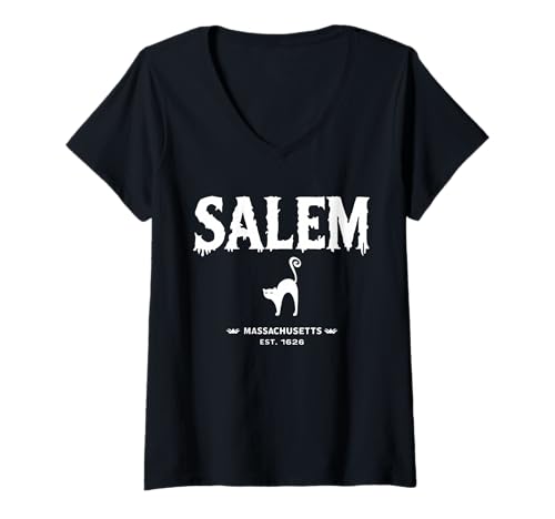 Damen Salem 1626 Massachusetts MA Vintage Halloween Witch Costume T-Shirt mit V-Ausschnitt Damen Salem 1626 Massachusetts MA Vintage Halloween Witch Costume T-Shirt mit V-Ausschnitt von Vintage Salem 1626 Halloween By GnineZa