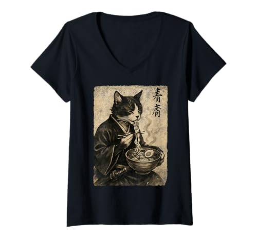 Damen Vintage Samurai Katze Ramen Japanische Retro Kunst Anime Ästhetik T-Shirt mit V-Ausschnitt Damen Vintage Samurai Katze Ramen Japanische Retro Kunst Anime Ästhetik T-Shirt mit V-Ausschnitt von Vintage Samurai Cat Ramen Retro Japanese Aesthetic