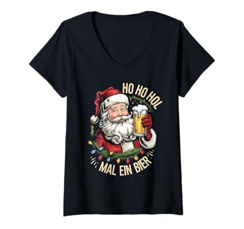 Damen Ho Ho Hol Mir Mal Ein Bier Weihnachten Ugly X-Mas Pullover T-Shirt mit V-Ausschnitt von Vintage Santa Bier Weihnachtsmarkt Humor Geschenk