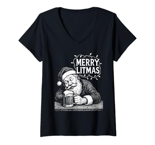 Damen Merry Litmas Lustiger betrunkener Weihnachtsmann, Bierliebhaber, Weihnachten T-Shirt mit V-Ausschnitt Damen Merry Litmas Lustiger betrunkener Weihnachtsmann, Bierliebhaber, Weihnachten T-Shirt mit V-Ausschnitt von Vintage Santa Claus Beer Drinking Dunk Design