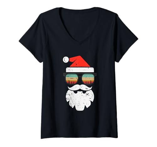 Damen Weihnachtsmanngesicht Retro Sonnenbrille Weihnachten Xmas Herren Damen Kinder T-Shirt mit V-Ausschnitt Damen Weihnachtsmanngesicht Retro Sonnenbrille Weihnachten Xmas Herren Damen Kinder T-Shirt mit V-Ausschnitt von Vintage Santa Claus Retro Santa Christmas