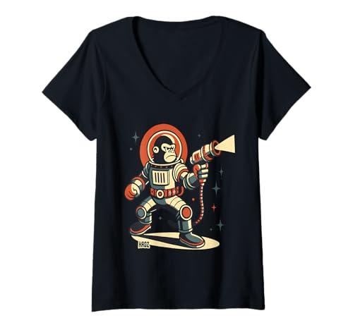 Damen Retro Space Gorilla mit Strahlenpistole als Astronaut T-Shirt mit V-Ausschnitt Damen Retro Space Gorilla mit Strahlenpistole als Astronaut T-Shirt mit V-Ausschnitt von Vintage Sci-Fi Ape Action Art Kunst