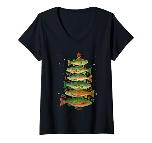 Damen Festlicher Fisch-Weihnachtsbaum-Angler T-Shirt mit V-Ausschnitt Damen Festlicher Fisch-Weihnachtsbaum-Angler T-Shirt mit V-Ausschnitt von Vintage Sea Bass Fishing XMAS Tree Fish Holidays
