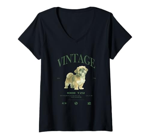 Damen Shih Tzu Hund Vintage T-Shirt mit V-Ausschnitt von Vintage Shih Tzu Lover Clo.
