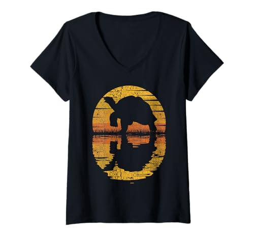 Damen Vintage Schildkröte 70er Retro Sonnenuntergang Reflexion Schildkröte Reptil T-Shirt mit V-Ausschnitt von Vintage Silhouette Reflection Retro Sunset Designs