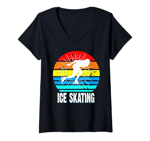 Damen Retro Sonnenuntergang Eislaufen Winter Sportlich T-Shirt mit V-Ausschnitt von Vintage Skater Geschwindigkeit Bewegung