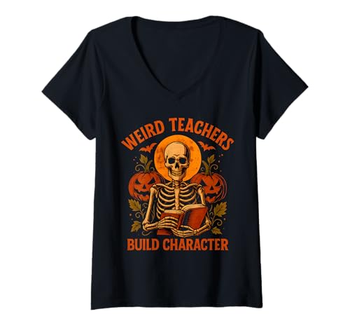 Damen Weird Teachers Build Character Skelett Halloween T-Shirt mit V-Ausschnitt Damen Weird Teachers Build Character Skelett Halloween T-Shirt mit V-Ausschnitt von Vintage Skeleton Halloween Teacher Apparel