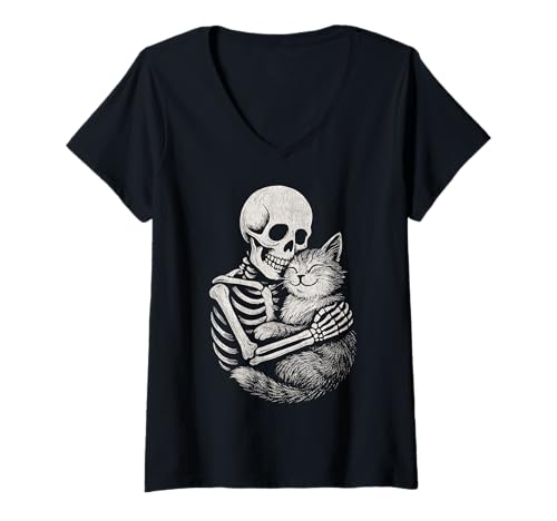 Damen Vintage Skelett Umarmung Katze Lustig Niedlich Halloween Katzen Liebhaber T-Shirt mit V-Ausschnitt von Vintage Skeleton Hugging Cat Halloween Cats Lover