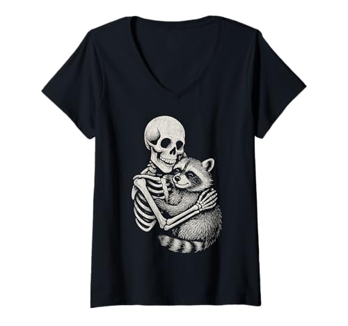 Damen Vintage Skelett Umarmung Waschbär Lustig Niedlich Halloween Retro T-Shirt mit V-Ausschnitt Damen Vintage Skelett Umarmung Waschbär Lustig Niedlich Halloween Retro T-Shirt mit V-Ausschnitt von Vintage Skeleton Hugging Raccoon Halloween Funny