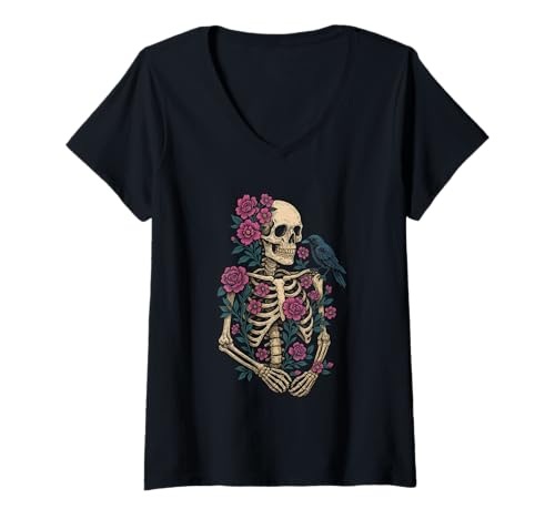 Damen Florales Skelett Rabe Gothic Dark Art Makabre Ästhetik T-Shirt mit V-Ausschnitt von Vintage Skeleton Raven Gothic Floral Aesthetic