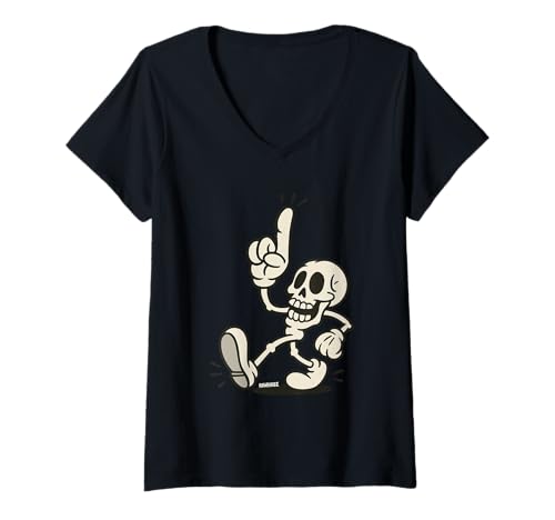 Damen Tanzendes Skelett Retro Cartoon Knochen Design T-Shirt mit V-Ausschnitt von Vintage Skelett Comic Stil