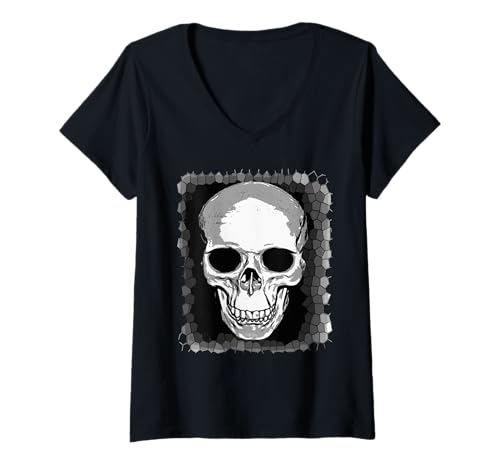 Damen Abbildung des menschlichen Schädels vor einem geometrischen Muster T-Shirt mit V-Ausschnitt Damen Abbildung des menschlichen Schädels vor einem geometrischen Muster T-Shirt mit V-Ausschnitt von Vintage Skull Gifts & Gothic Charm Tees by taiche