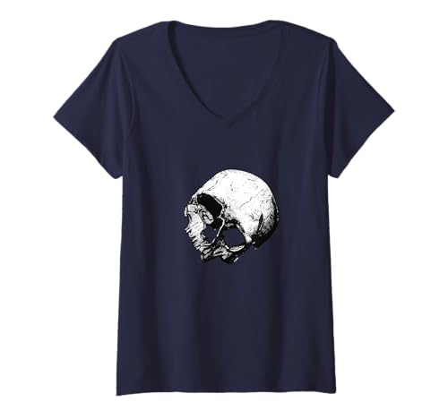 Damen Broken Human Cranium Vintage Illustration Vektorisiert T-Shirt mit V-Ausschnitt von Vintage Skull Gifts & Gothic Charm Tees by taiche