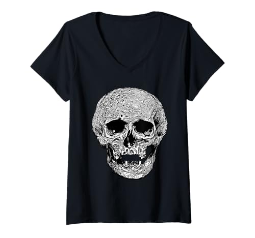 Damen Dark Art Gothic Cranium Vector Illustration Grau T-Shirt mit V-Ausschnitt von Vintage Skull Gifts & Gothic Charm Tees by taiche