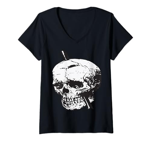 Damen Schwarz-Weiß-Schädel-Illustration mit Stopfeisen-Vektor T-Shirt mit V-Ausschnitt von Vintage Skull Gifts & Gothic Charm Tees by taiche