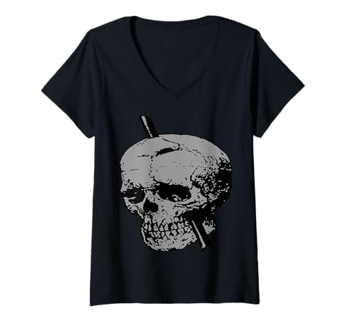 Damen Totenkopf-Illustration mit Stopfeisen Vektor Grau T-Shirt mit V-Ausschnitt Damen Totenkopf-Illustration mit Stopfeisen Vektor Grau T-Shirt mit V-Ausschnitt von Vintage Skull Gifts & Gothic Charm Tees by taiche