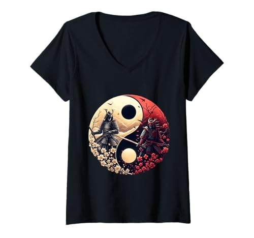 Damen Ying Yang Retro Ästhetische Japan Anime Maske Kitsune Samurai T-Shirt mit V-Ausschnitt von Vintage Spirit Samurai Balance Aesthetic Warrior