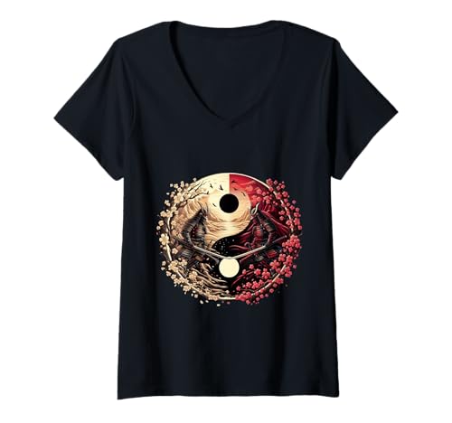 Damen Ying Yang Retro Ästhetische Japan Anime Maske Kitsune Samurai T-Shirt mit V-Ausschnitt von Vintage Spirit Samurai Balance Aesthetic Warrior