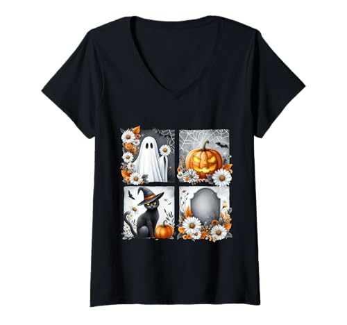 Damen Halloween Geist Katze Kürbis Retro Look T-Shirt mit V-Ausschnitt Damen Halloween Geist Katze Kürbis Retro Look T-Shirt mit V-Ausschnitt von Vintage Spooky Collection
