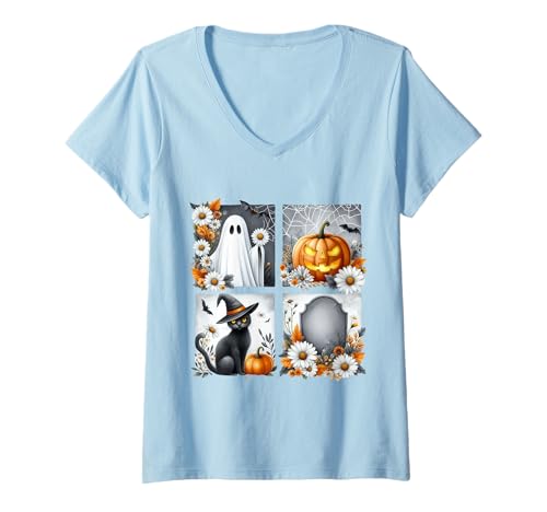 Damen Halloween Geist Katze Kürbis Retro Look T-Shirt mit V-Ausschnitt Damen Halloween Geist Katze Kürbis Retro Look T-Shirt mit V-Ausschnitt von Vintage Spooky Collection