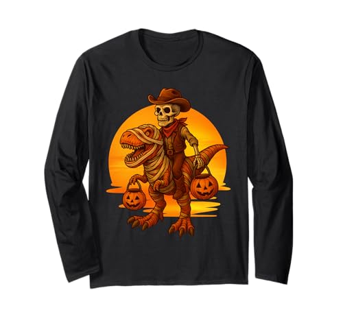 Cowboy Skelett Reiten Mama Dinosaurier T-Rex Retro Halloween Langarmshirt von Vintage Spooky Season Dino Costume Western Lovers