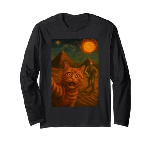 Lustige Katze Selfie Mama Halloween Van Gogh Sternennacht Langarmshirt von Vintage Spooky Season Halloween Costume Cat Lovers