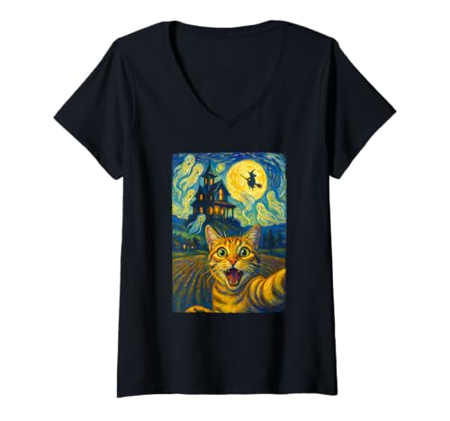 Damen Lustige Katze Selfie Hexe Geist Halloween Van Gogh Sternennacht T-Shirt mit V-Ausschnitt Damen Lustige Katze Selfie Hexe Geist Halloween Van Gogh Sternennacht T-Shirt mit V-Ausschnitt von Vintage Spooky Season Scary Design Cute Cat Lovers