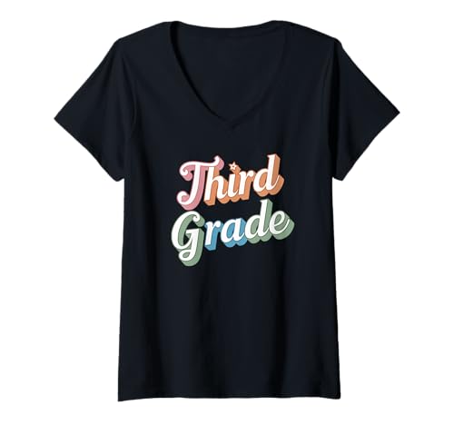 Damen Rückkehr Zur Schule Retro Drittklässler Farbenfroh T-Shirt mit V-Ausschnitt von Vintage Stil Grundschule Schüler Pastellfarben